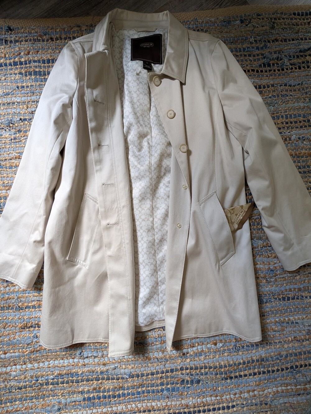 Coach Trench Coat L Cream Signature Lining Classic Quiet Luxury *Flaws* Scarf - Picture 2 of 16